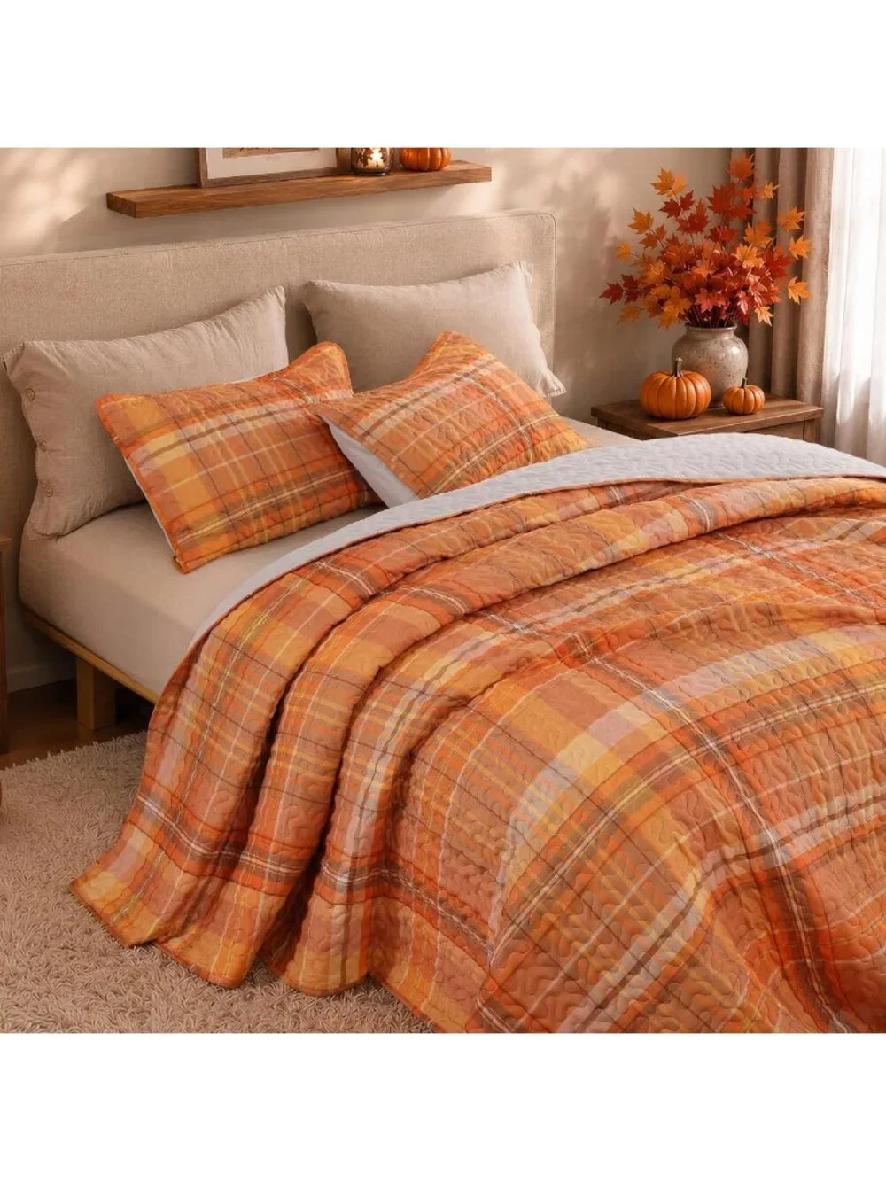 King Size Halloween Quilt Set - Orange Plaid Bedspread & 3-Piece Bedding Set